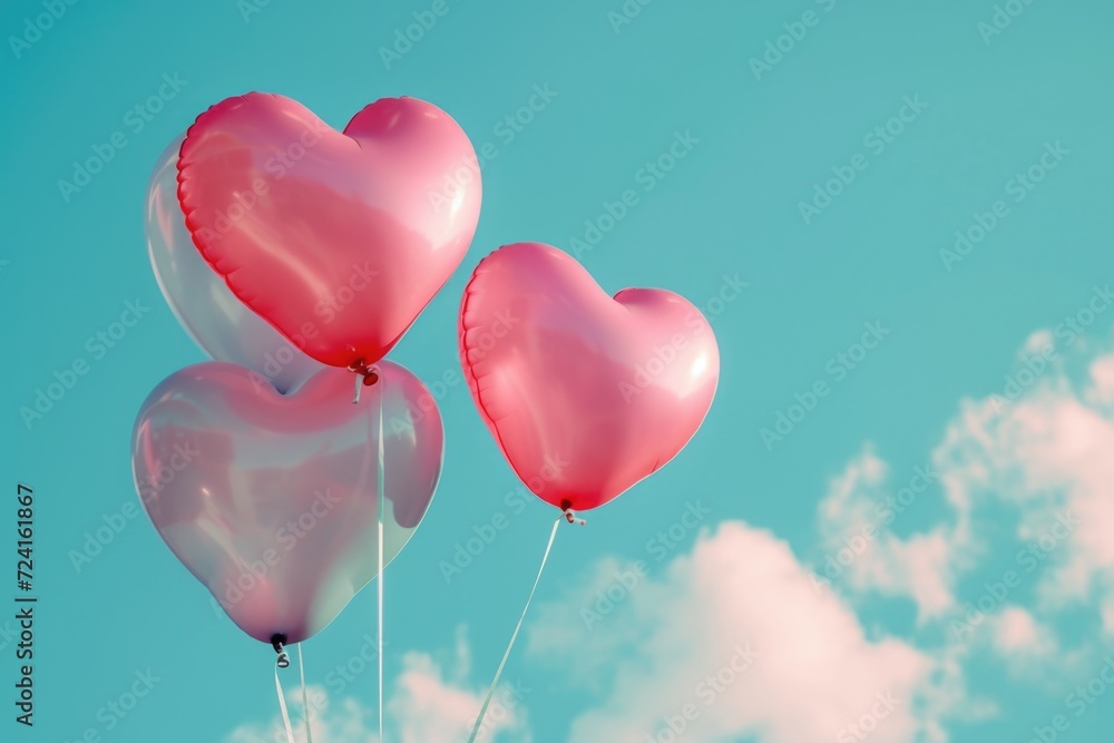 Three pink heart-shaped balloons floating in the sky. Perfect for romantic occasions and celebrations