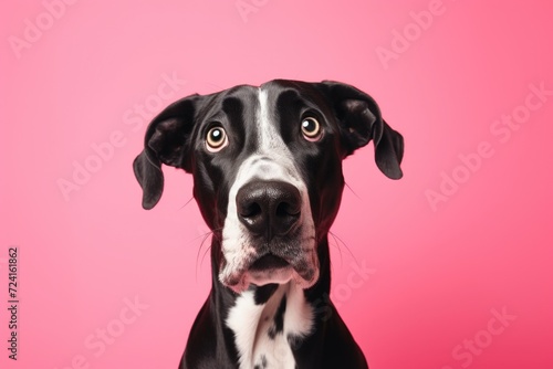 A close-up view of a dog against a pink background. This image can be used for various purposes