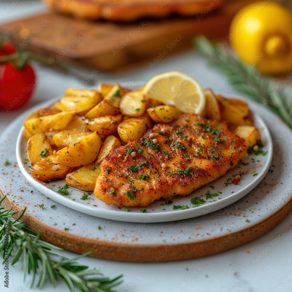Schnitzel und Bratkartoffeln mit Zitrone