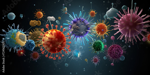 Monsters viruses microbes A colorful image of a virus and a microscope 3D illustration of Swine Influenza or Influenza in color background Unveil the intricate world of viruses.