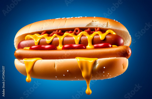 Hot dog with sausages and dripping mustard, bright blue background