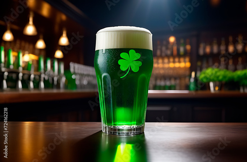 Glass of green foamy beer decorated with clover leaf, beer pub on Saint Patrick's day