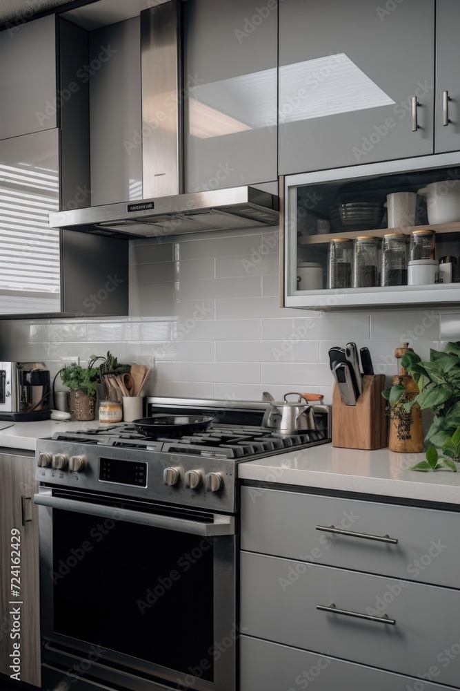 A modern kitchen with sleek stainless steel appliances and clean white countertops. Perfect for showcasing a contemporary home design. A modern kitchen with sleek stainless steel appliances and clean white countertops. Perfect for showcasing a contemporary home design.