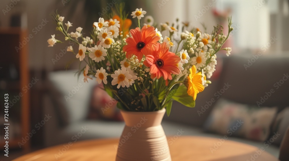 A vase filled with flowers sitting on top of a table. Suitable for home decor, interior design, or floral arrangements A vase filled with flowers sitting on top of a table. Suitable for home decor, interior design, or floral arrangements