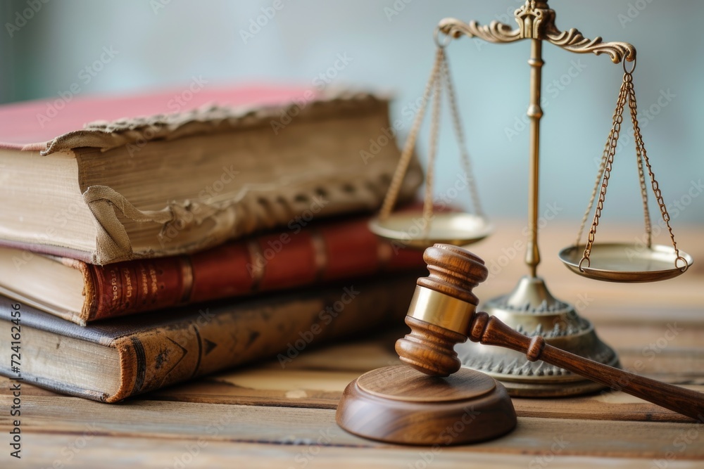 A wooden gavel sitting next to a stack of books. Perfect for legal or educational concepts A wooden gavel sitting next to a stack of books. Perfect for legal or educational concepts