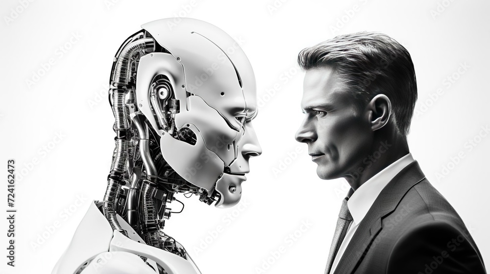 A man in a business suit and an robot look at each other. Portrait of a robot and a man A man in a business suit and an robot look at each other. Portrait of a robot and a man