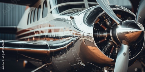 A detailed close-up view of a propeller on a plane. This image can be used to showcase the intricate design and mechanics of aircraft propellers. photo
