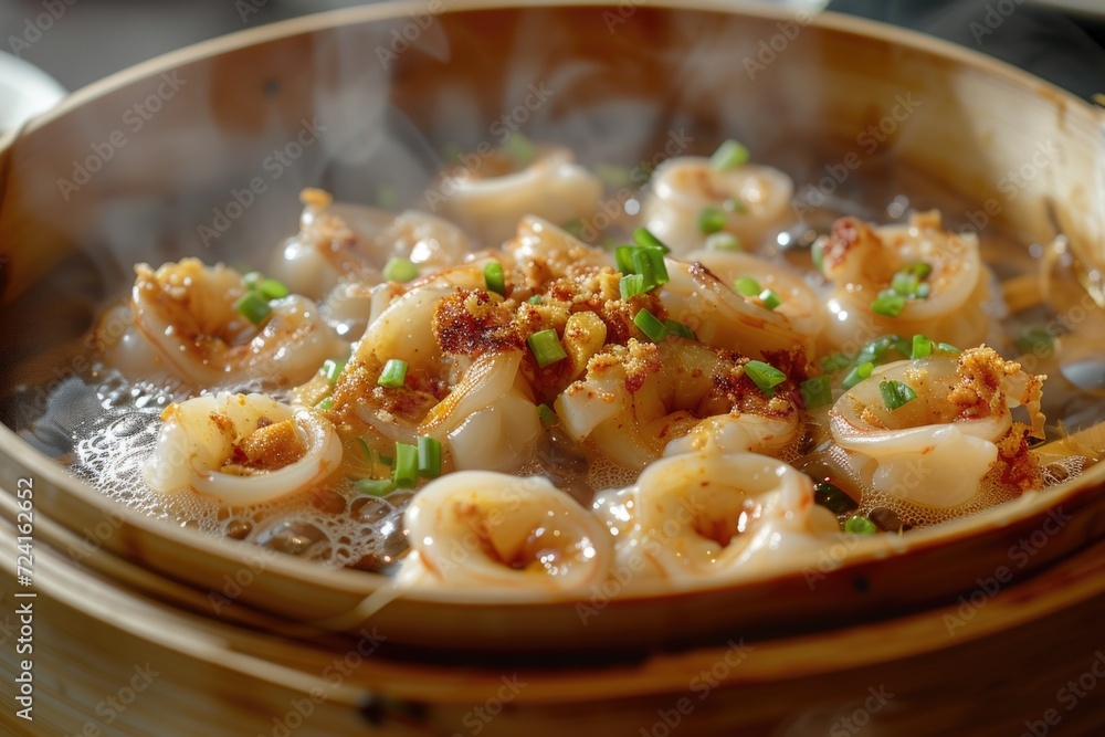 A close-up view of a bowl of food on a table. This image can be used to showcase delicious meals, food presentation, or dining experiences A close-up view of a bowl of food on a table. This image can be used to showcase delicious meals, food presentation, or dining experiences