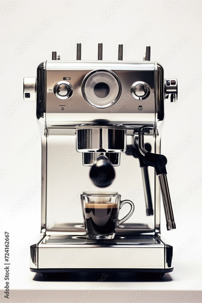 A coffee machine with a freshly brewed cup of coffee. Perfect for coffee lovers and cafes A coffee machine with a freshly brewed cup of coffee. Perfect for coffee lovers and cafes