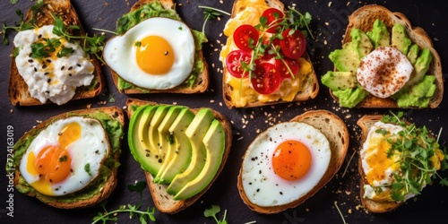 A delicious breakfast of toast topped with eggs and avocado. Perfect for a healthy start to the day.
