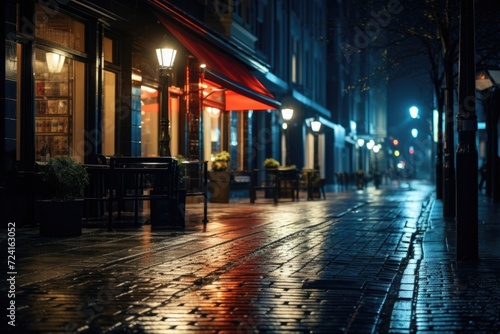 A picture of a wet sidewalk illuminated by street lights. This image can be used to depict urban nightlife or rainy city scenes