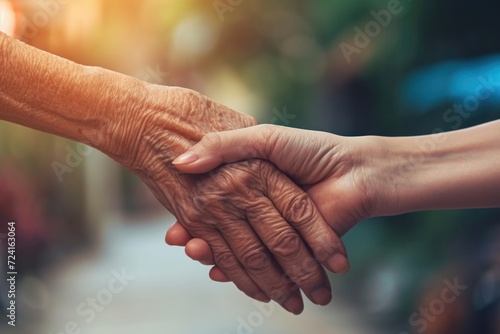 A close-up view of a person's hand holding another person's hand. Can be used to depict support, unity, friendship, or trust