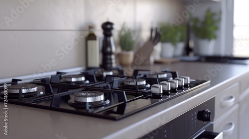 A stove top with a bunch of burners. Suitable for kitchen or cooking-related themes