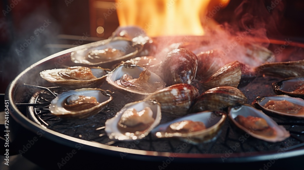 A bunch of clams cooking on a grill. Perfect for seafood lovers and summer barbecues A bunch of clams cooking on a grill. Perfect for seafood lovers and summer barbecues