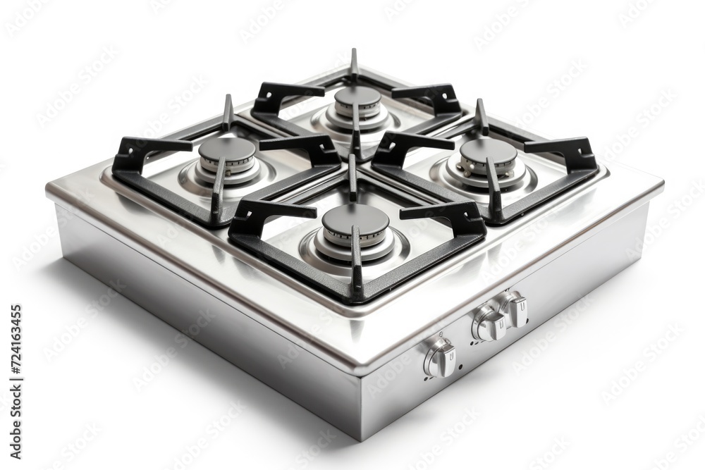 A stainless steel stove top with four burners. Ideal for cooking multiple dishes simultaneously. Perfect for modern kitchens A stainless steel stove top with four burners. Ideal for cooking multiple dishes simultaneously. Perfect for modern kitchens