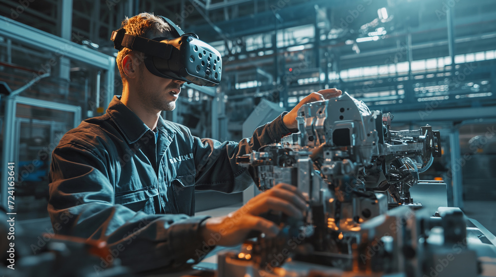 Fototapeta premium Male developer in VR-glasses is working with high-tech robot.