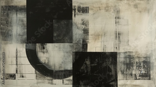 oil painting on canvas with translucent geometries, calotype, drawn, etched and scratched, rounded forms, split toning, black and white prints photo
