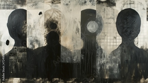 oil painting on canvas with translucent geometries, calotype, drawn, etched and scratched, rounded forms, split toning, black and white prints photo