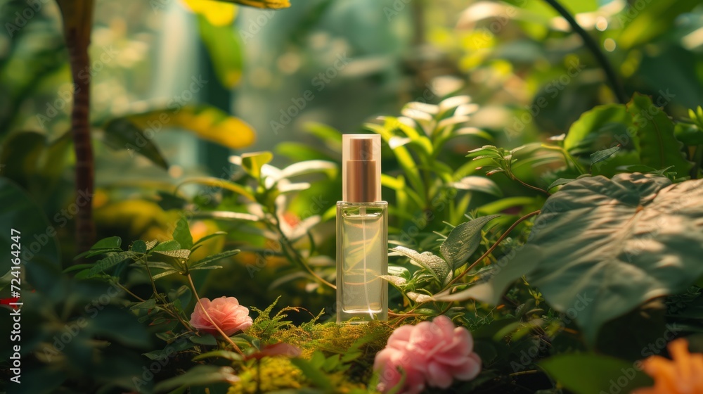 Foundation bottle with lush greenery and blooming flowers around