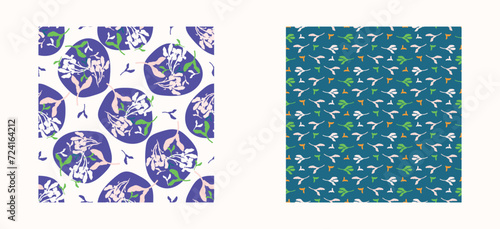 Trendy vector floral pattern set with organic botanical shapes. Modern bold summer flower print, design collection in scandi style.