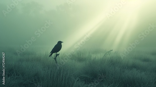 A bird, light beams, and a simple landscape. Artistic natural color.