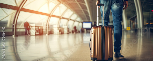 Man with bagagge and suitcase at airport interior. photo