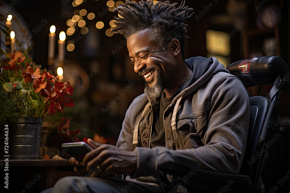 African man with striking dreadlocks sits comfortably in a chair as he engages with his cell phone, captivated by ever-expanding online universe.