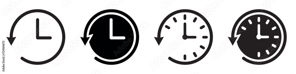 Set of account history icons. Account history, clock, time. Countdown time, return, past. Restore or reverse event clock. Watch dial. Vector. EPS10.