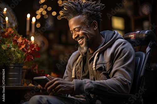 African man with striking dreadlocks sits comfortably in a chair as he engages with his cell phone, captivated by ever-expanding online universe.