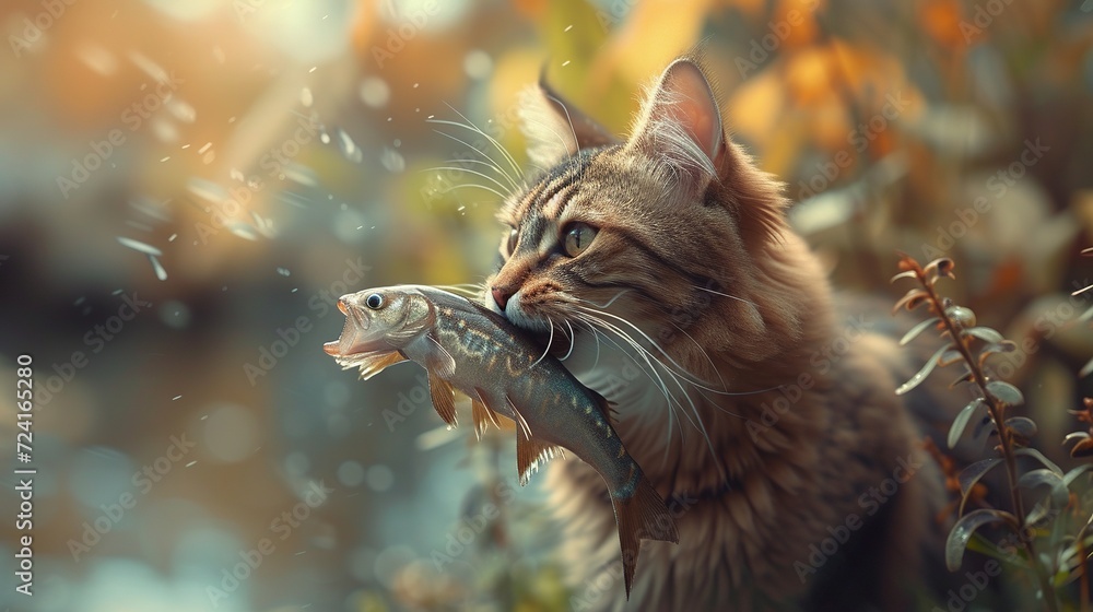 cat carries a fish with its mouth open, street sense, time-lapse ...