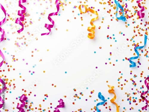 Background with colored confetti and streamers isolated on white background for birthday party or New Year's festivities and copy space