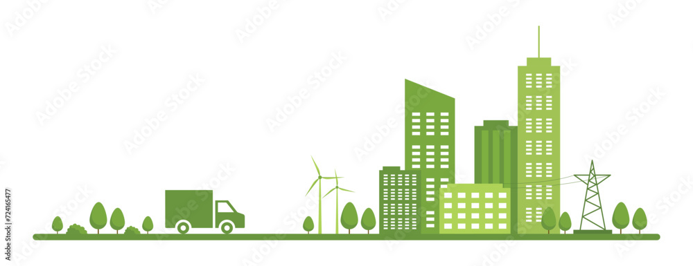 White background with green cityscape. A car driving on the road to the city. Panorama of buildings architecture. City life Vector illustration in flat style. Banner with background of ecological city
