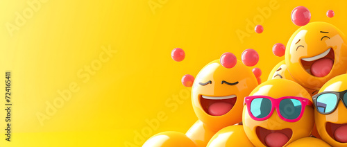 Joyful Emoji 3D Balls on Vibrant Yellow Background, Happy Emotions, Banner  photo