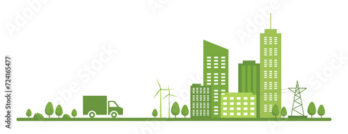 White background with green cityscape. A car driving on the road to the city. Panorama of buildings architecture. City life Vector illustration in flat style. Banner with background of ecological city