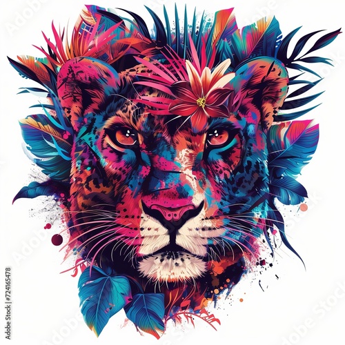 colorful edgy jungle vector drawing, t-shirt design, White background, lion