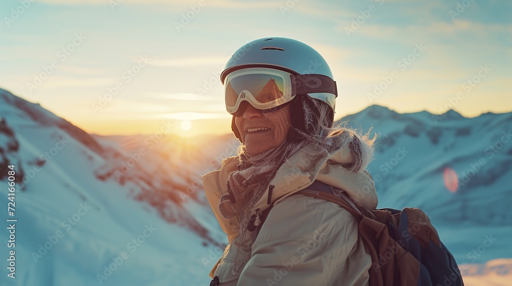 70 year old woman doing extreme sports, fully equipped helmet and goggles on snowboarding, setting sun in the mountains.