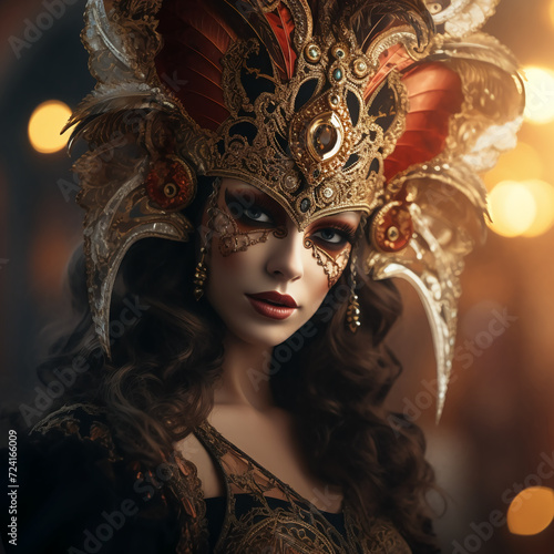 Portrait of a beautiful masked woman, Venetian carnival style.