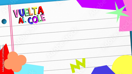 Vuelta al cole, plantilla vectorial editable con hoja de papel rayado y papeles de colores para inicio de clases