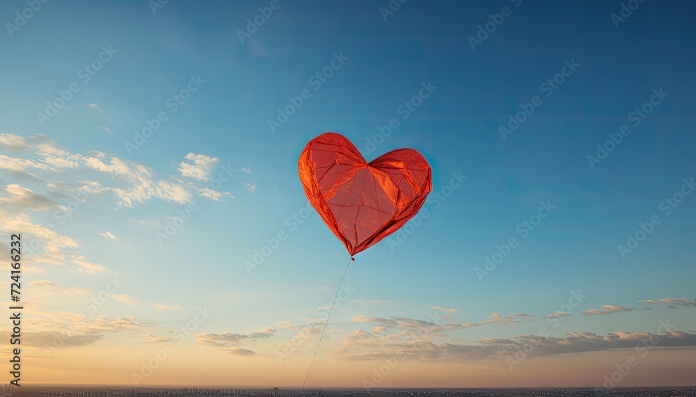 Fototapeta premium Red Heart Shaped Kite Flying in the Sky