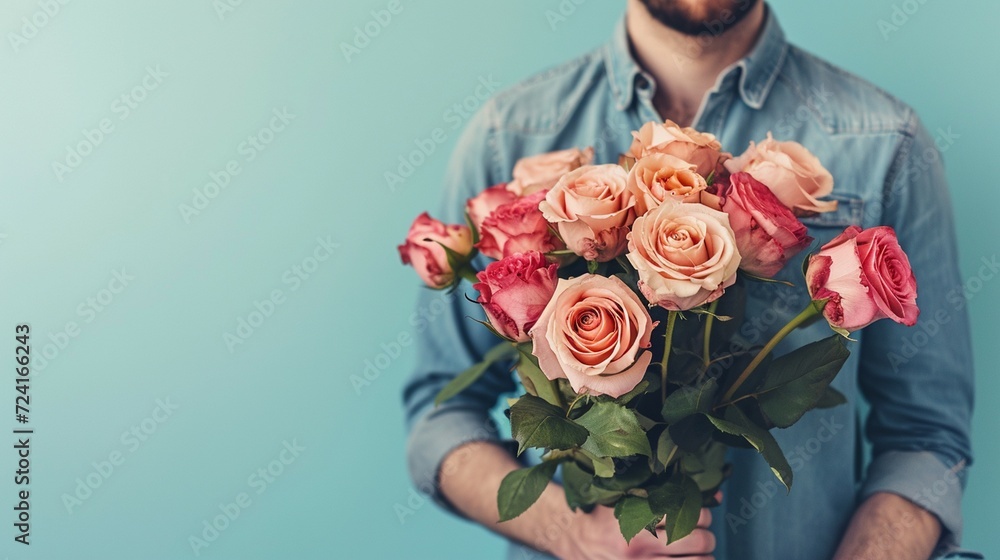 man with a bouquet of beautiful roses on a light blue background, a man with a bouquet of roses on a light background, a man with flowers on a light background, propose concept, love, share, care 