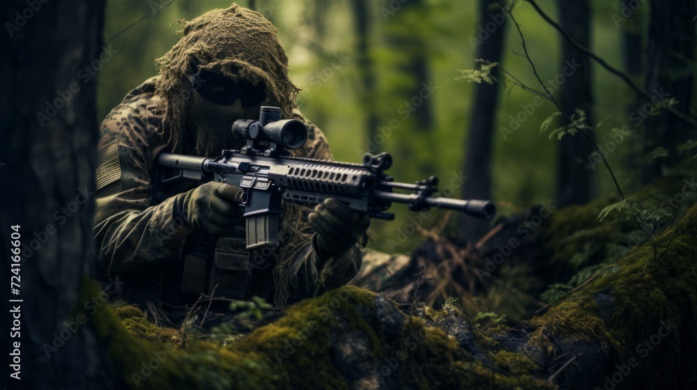Sniper in the forest. Neural network AI generated art Sniper in the forest. Neural network AI generated art