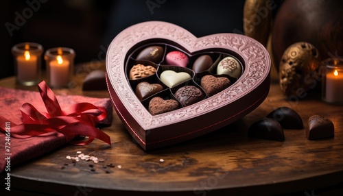Heart Shaped Box Filled With Chocolates Next to Candles