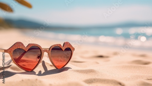 Heart Shaped Sunglasses Resting on Sandy Beach