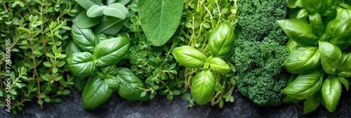 Green banner with different green organic herbs.