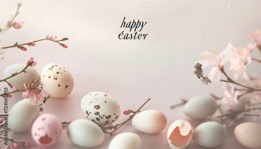 Happy Easter - Easter Eggs and Catkins on Floral Soft pink Background - wallpaper