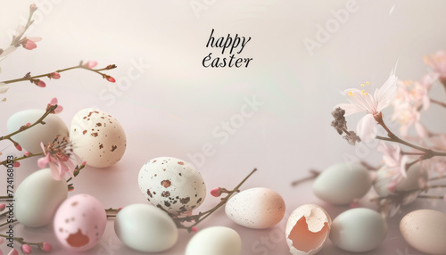 Obraz na płótnie Happy Easter - Easter Eggs and Catkins on Floral Soft pink Background - wallpaper w salonie