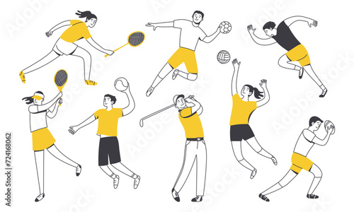 Set of doodle characters, athletes. A man and a woman are engaged in active sports games. Vector illustration isolated