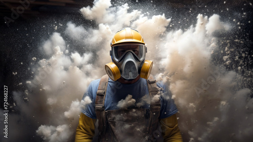 Professional construction worker wearing a high-grade dust mask, surrounded by lot of floating particles of glass wool dust in a construction site photo