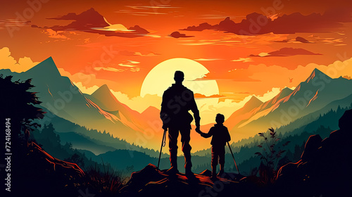 illustration of a father holding his child s hand against a mountainous backdrop