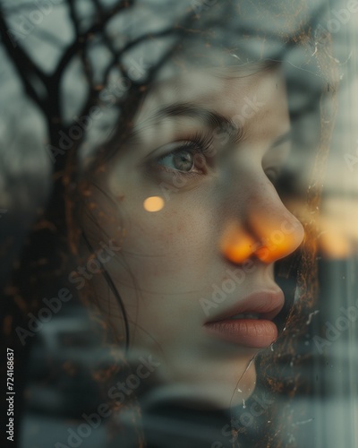 Pensive Young Woman Looking Through Wet Glass